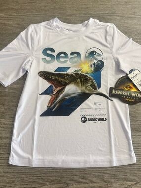 Jurassic World Rebirth Boys RASHGUARD UV 50 Sun Shirt Boys Size 6/7 White